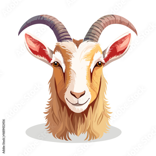 Illustration of a goat head featuring curved horns and detailed fur against a black background.