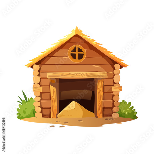 Cartoon Wood Shed with Round Window and Dirt Pile Inside, Bush on Side