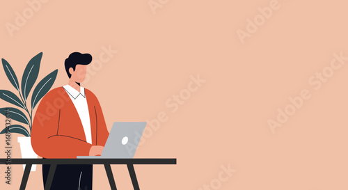 Professional man working on a laptop at his desk with a plant, representing remote work, productivity, and modern business lifestyle. Ideal for tech or office concepts.