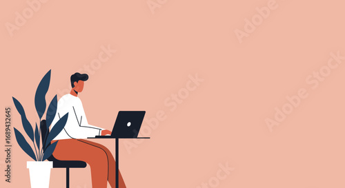 A focused man works diligently on his laptop at a table with a plant, embodying remote work, productivity, and modern lifestyle. Ideal for business, education, or technology themes.