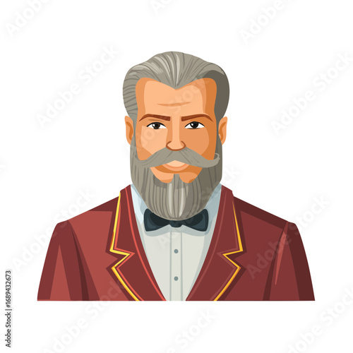 Cartoon illustration of stylish older man with beard wearing a suit and bow tie.