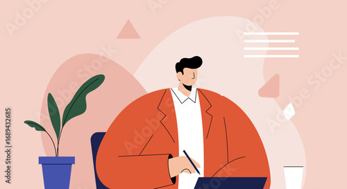 Professional man in orange jacket working at a desk with a pen, surrounded by abstract elements. Ideal for business, remote work, or creative concepts.