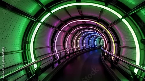 Futuristic tunnel with vibrant neon lights, creating a sense of movement and modern technology.