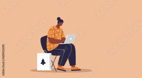 Focused individual working or shopping online with a laptop and a shopping bag, illustrating e-commerce, remote work, or a busy digital life.