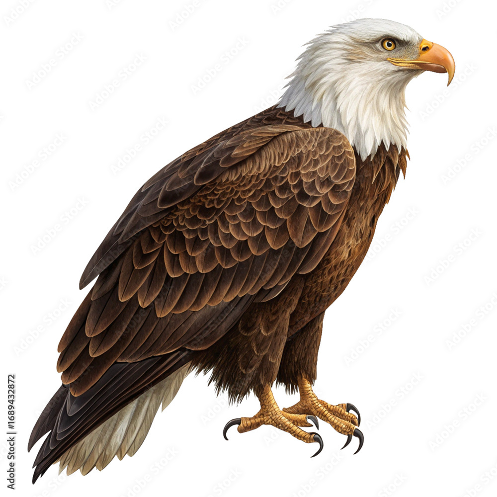 Obraz premium Majestic bald eagle showcasing powerful talons and keen gaze, symbolizing freedom and strength. 