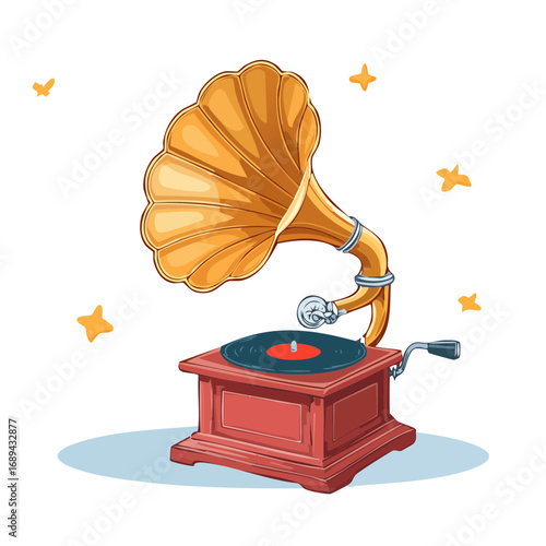Vintage phonograph illustration with golden horn and red base against a black background, accompanied by scattered stars