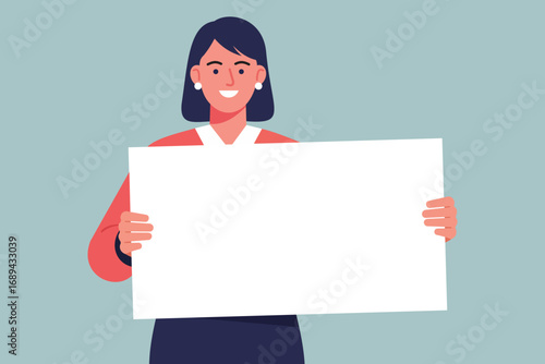 Smiling Illustration of a Woman Holding a Blank White Sign