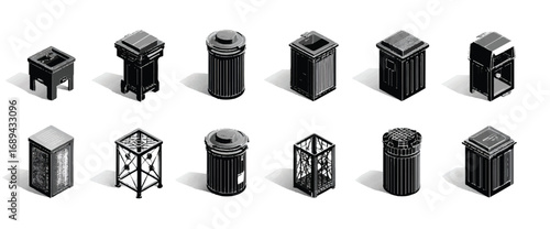 Diverse collection of black and white isometric trash cans recycling bins and waste containers illustration