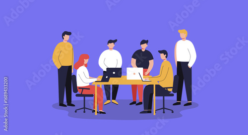 Diverse team collaborating on a business project in a modern office. Professionals working together, using laptops, fostering teamwork and innovation.
