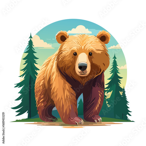Brown bear standing in forest illustration wildlife scene nature animal cartoon vector art wild mammal pine trees outdoor graphic resource