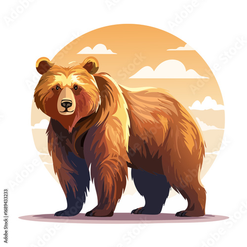 Illustration of a brown bear standing in front of sunset mountains and clouds in the background art wildlife nature