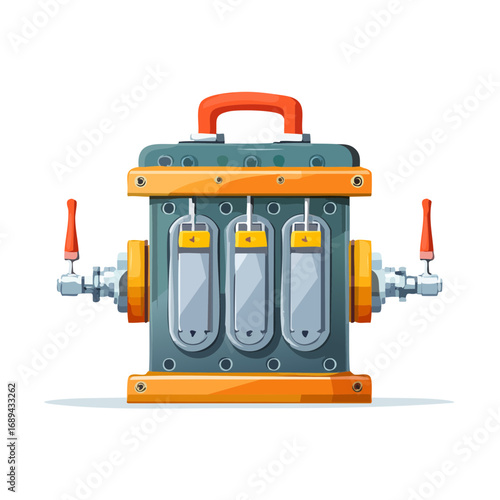 Cartoon industrial machine illustration featuring valves, gauges and tanks in a playful style vector graphic design