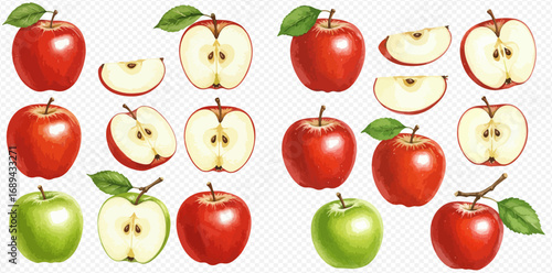 A collection of red and green apples, whole, halved, and sliced, illustrated on a transparent background.
