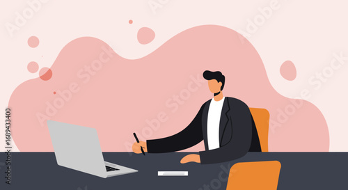Focused businessman working at a desk, taking notes with a laptop. Represents productivity, remote work, and online learning.