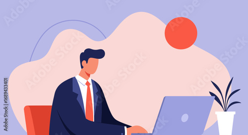 Professional man in a suit focused on his laptop, representing business tasks, remote work, and digital productivity in a modern, abstract office setting.