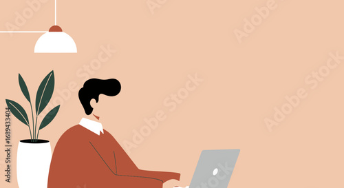 Person working on laptop in a modern, minimalist home office. Concept of remote work, online learning, productivity, or digital lifestyle.