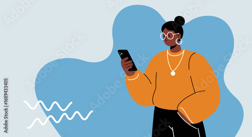 Modern woman in glasses and orange top actively uses her smartphone against a vibrant, abstract background, depicting digital communication and connection.