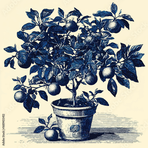 Detailed vintage style botanical illustration of citrus tree with leaves and fruits in a pot in indigo color scheme