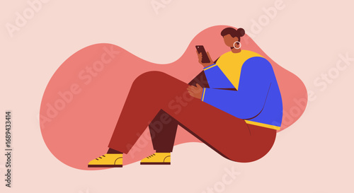Modern illustration of a woman relaxing and using her smartphone. Ideal for digital communication, social media, technology, and lifestyle concepts.