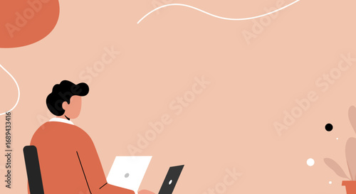Minimalist illustration of a person working remotely with two laptops, symbolizing productivity, online learning, and modern digital work environments.