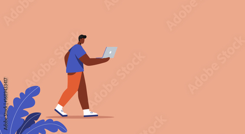 A modern man walks confidently, working remotely on his laptop. This illustration captures productivity, connectivity, and the flexible lifestyle of digital professionals.