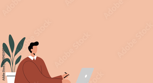 Professional man engaged in creative work, using a laptop and stylus in a modern, minimalist home office setting. Ideal for business, technology, or lifestyle concepts.
