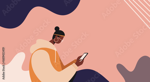 Modern illustration of a young person using a smartphone, highlighting digital communication, social media, and contemporary online lifestyle.