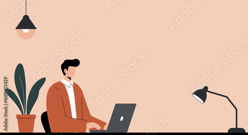 Professional man in a minimalist workspace, focused on his laptop. Ideal for themes of remote work, productivity, business, or online education.