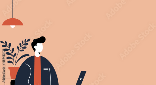 Minimalist illustration of a person working remotely on a laptop in a modern home office setup. Ideal for themes of productivity, freelance work, and contemporary lifestyle.