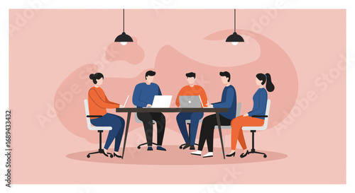 Professional business team collaborating around a table with laptops. Ideal for concepts of teamwork, meeting, and modern office productivity.