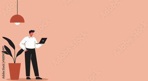 Focused man uses a laptop in a modern minimalist workspace, representing remote work, online business, and digital productivity. Ideal for technology and lifestyle themes.