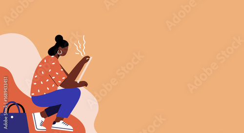 Contemporary woman focused on her tablet, representing digital communication, remote productivity, online content, or social networking. Modern lifestyle.