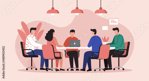 Diverse business team collaborating in a modern office meeting room, discussing project strategy with a laptop, reflecting teamwork and productivity.