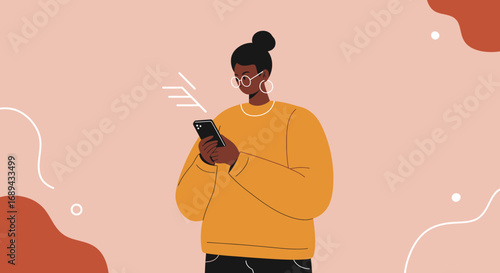 Black woman actively engaging with her smartphone, symbolizing digital communication, social media, and a connected modern lifestyle.