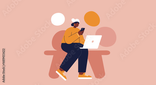 Modern person multi-tasking, working remotely with a laptop and smartphone. Represents digital communication, flexible work, and modern lifestyle concepts.