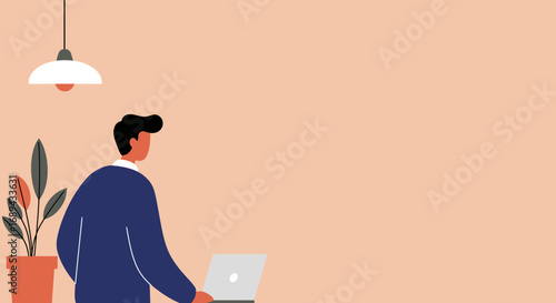 Man working on laptop in a modern, cozy home office. Ideal for remote work, business, online learning, or productivity concepts.
