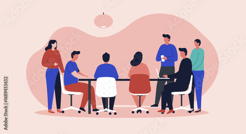 Diverse business team collaborating in a modern office meeting. Illustrates teamwork, discussion, strategy, and innovation for corporate success.