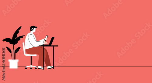 A person multitasks remotely, using a laptop and smartphone with headphones on, depicting modern work and digital communication.