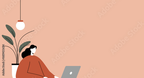 Minimalist illustration of a woman working remotely on a laptop with a houseplant and lamp. Represents productivity, online learning, and home office lifestyle.