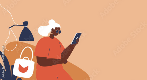 Modern senior woman in sunglasses engaging with her smartphone in a relaxed setting. Illustrates digital literacy, connectivity, and lifestyle.