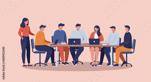 Diverse business team collaborating in a modern office meeting, discussing projects with laptops. Represents teamwork, strategy, and professional development.