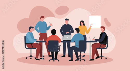 Diverse business team collaborating in a productive office meeting. Illustrates teamwork, strategy, innovation, and professional discussion for corporate projects.