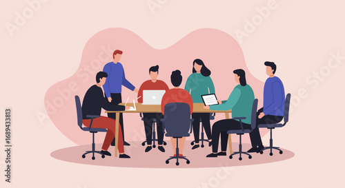 Diverse team collaborating in a business meeting, discussing ideas and strategy. Highlights teamwork, communication, and modern corporate productivity.