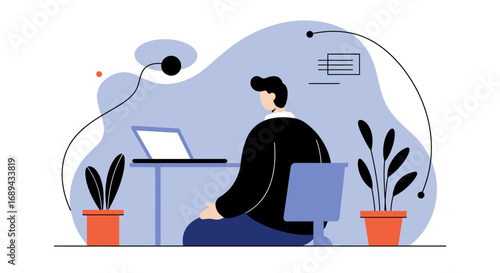 Young person focused on their laptop at a home office desk, surrounded by plants. Represents remote work, online learning, or digital business. Ideal for lifestyle and technology concepts.