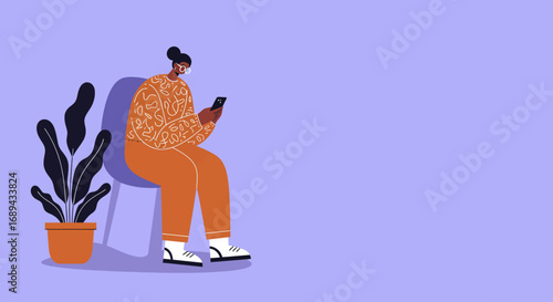 Modern illustration of a person sitting on a chair, using a smartphone. Captures digital communication, online activity, and a relaxed lifestyle. Perfect for technology or social media concepts.