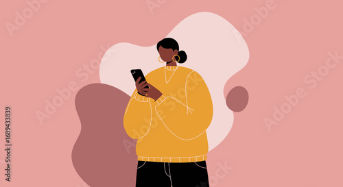 Black woman browsing smartphone, engaging with digital content. Ideal for concepts of online communication, social media, technology, and modern lifestyle.