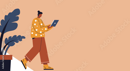 Modern person walking and using a digital tablet, representing remote work, online learning, or digital connectivity and communication in a minimalist setting.