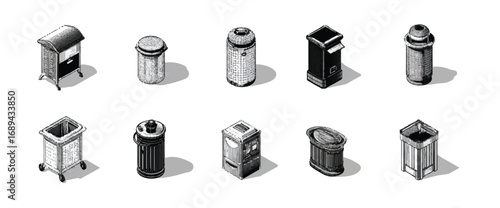 Diverse Collection of Isometric Trash Can Illustrations in Black and White for Environmental Concepts