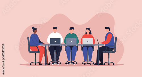 Diverse team collaborating with laptops in a modern office setting, representing teamwork, productivity, and innovation in business or education.