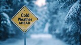 A yellow diamondshaped road sign warns cold weather ahead on a snowcovered road surrounded by frosted trees, indicating hazardous winter driving conditions